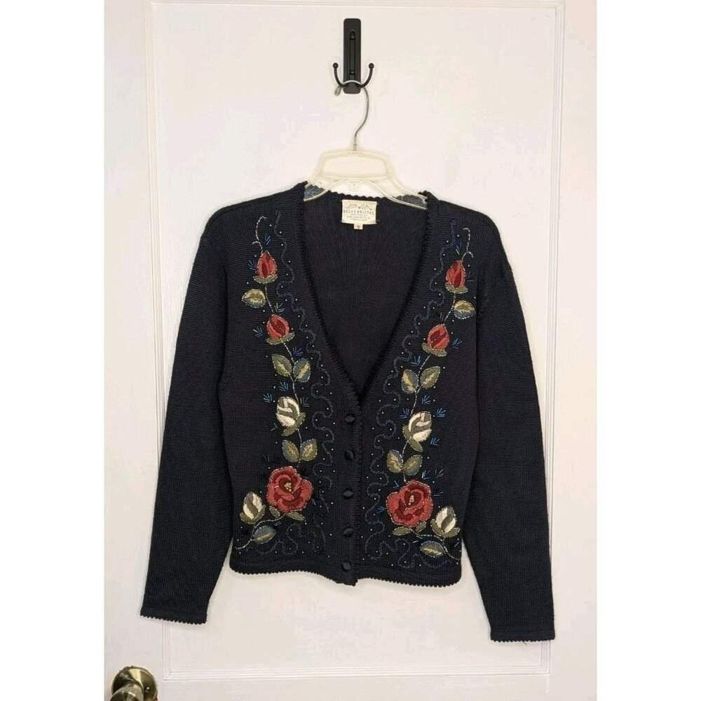 1995 Susan Bristol Navy Floral Embroidered Cardigan Sweater Cottage Core Sz S